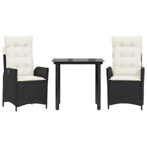 Set comedor de jardín 3 pzas con cojines ratán sintético negro H