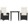3 pcs conjunto de jantar p/ jardim c/ almofadões vime PE preto 2