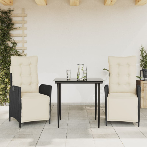 Set comedor de jardín 3 pzas con cojines ratán sintético negro D