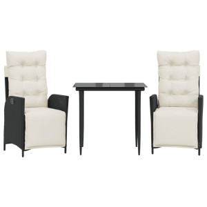 3 pcs conjunto de jantar p/ jardim c/ almofadões vime PE preto H