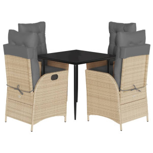 Set comedor de jardín 5 pzas con cojines ratán sintético beige H