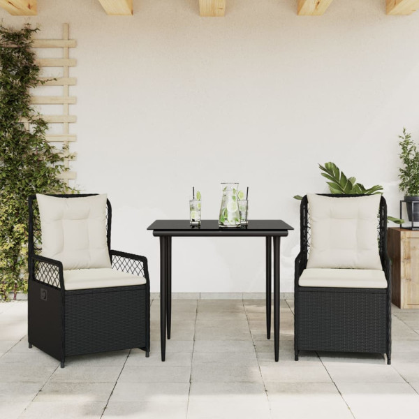 Set comedor de jardín 3 pzas con cojines ratán sintético negro D