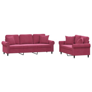 2 pcs conjunto de sofás com almofadas veludo vermelho-tinto H