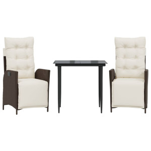 Set comedor de jardín 3 piezas y cojines ratán sintético marrón H