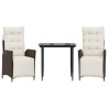 Set comedor de jardín 3 piezas y cojines ratán sintético marrón 2