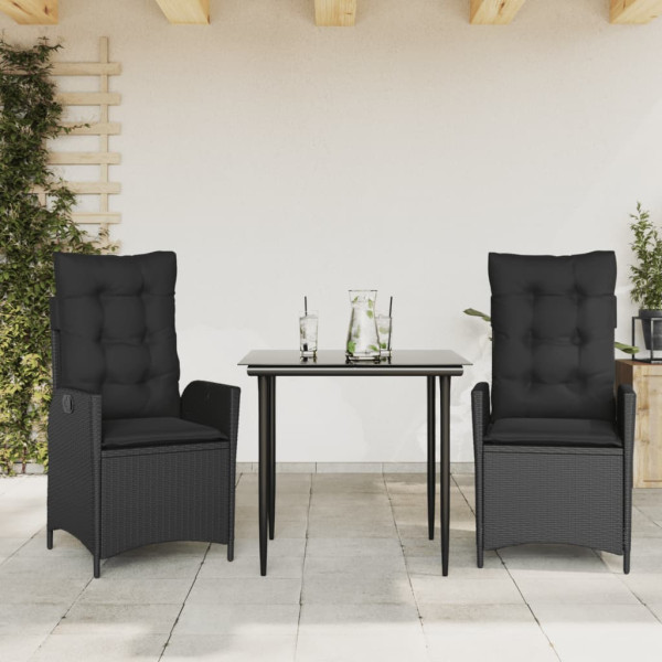 Set comedor de jardín 3 pzas con cojines ratán sintético negro D