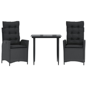 Set comedor de jardín 3 pzas con cojines ratán sintético negro H