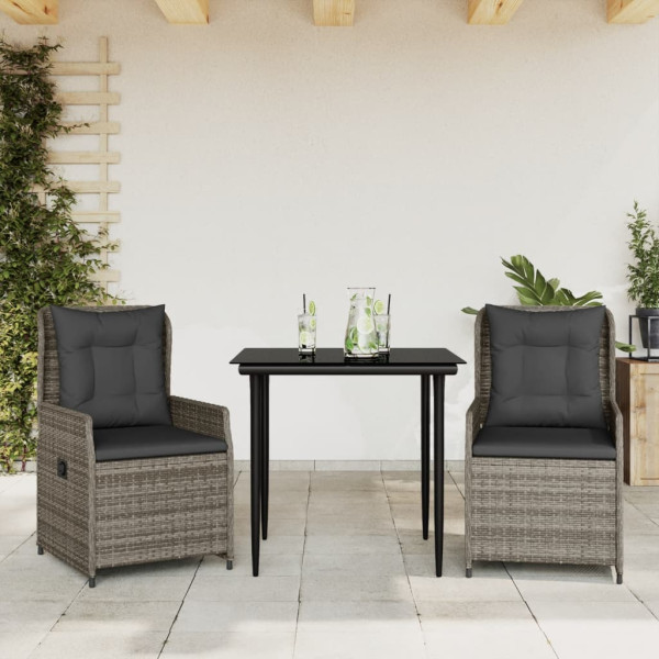 Set comedor de jardín 3 piezas con cojines ratán sintético gris D