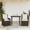 Set comedor de jardín 3 piezas y cojines ratán sintético marrón 1