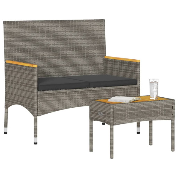 Banco de jardín 2 plazas con cojines y mesa ratán PE gris M 3