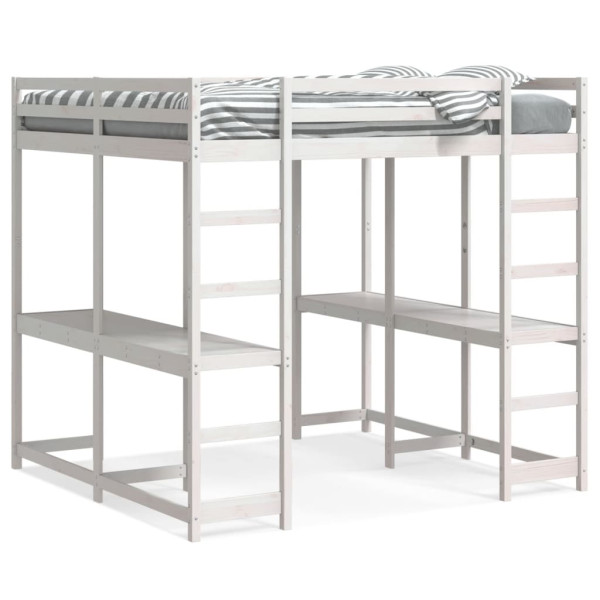 Cama alta con escritorio y escalera madera blanca 140x200 cm D