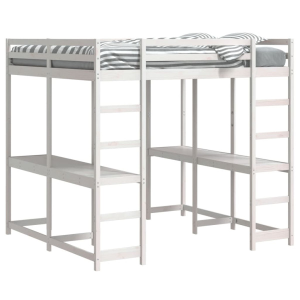 Cama alta c/ secretária e escada 140x200 cm pinho maciço branco M 4
