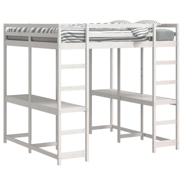 Cama alta c/ secretária e escada 160x200 cm pinho maciço branco M 4
