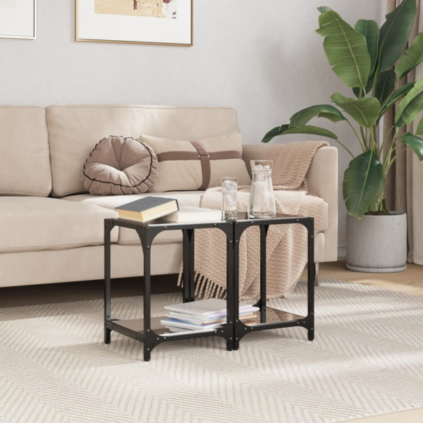 Mesas de centro c/ topo em vidro preto 2 pcs 30x30x40 cm aço M 3