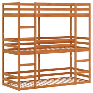Litera triple de madera maciza de pino marrón cera 80x200 cm H