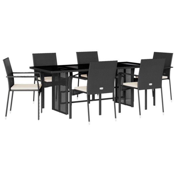 7 pcs conjunto de jantar p/ jardim c/ almofadões vime PE preto M 2