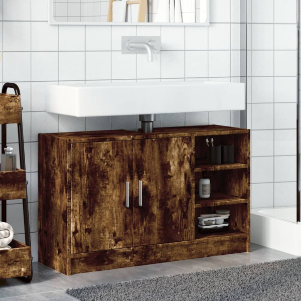 Armario de lavabo madera ingeniería roble ahumado 90x29x55 cm M 3