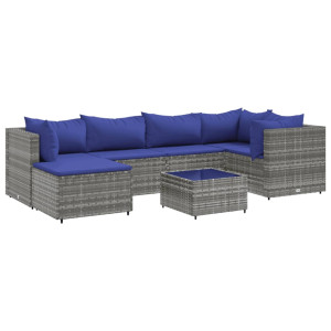 Set de muebles de jardín 7 pzas y cojines ratán sintético gris H