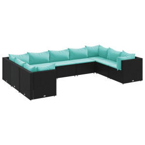 Set de muebles de jardín 9 pzas y cojines ratán sintético negro H