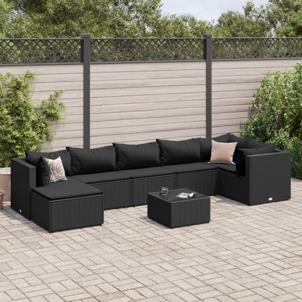 8 pcs conjunto lounge de jardim c/ almofadões vime PE preto D