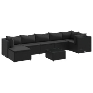 8 pcs conjunto lounge de jardim c/ almofadões vime PE preto H