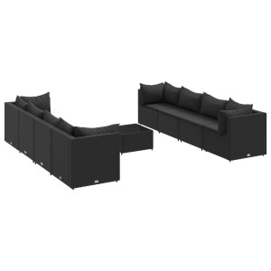 9 pcs conjunto lounge de jardim c/ almofadões vime PE preto H