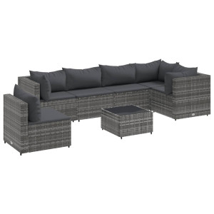 7 pcs conjunto lounge de jardim c/ almofadões vime PE cinzento H