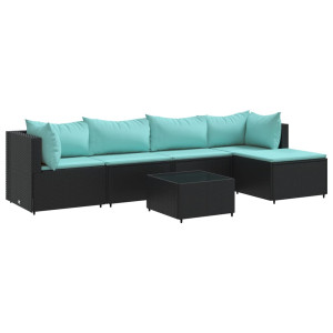 6 pcs conjunto lounge de jardim c/ almofadões vime PE preto H
