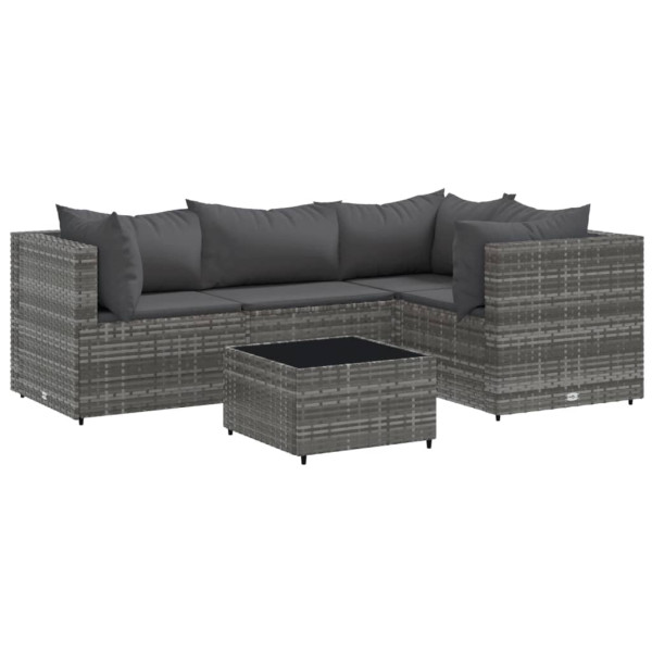 Set de muebles de jardín 5 pzas y cojines ratán sintético gris M 2