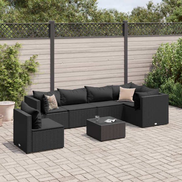 7 pcs conjunto lounge de jardim c/ almofadões vime PE preto D