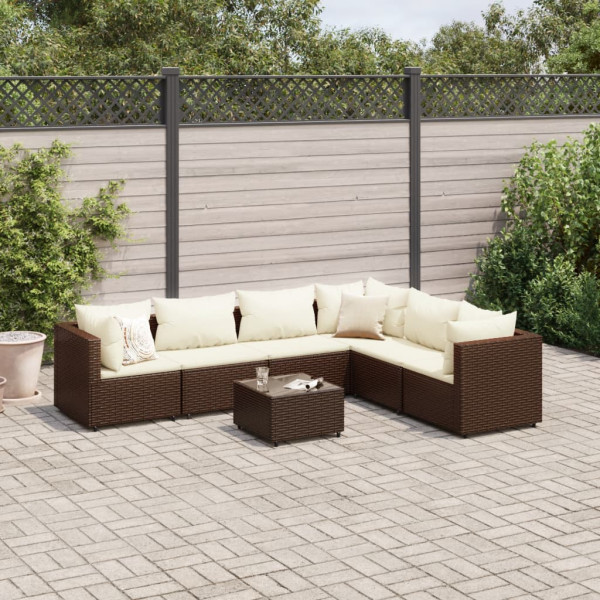 Set muebles de jardín 7 piezas y cojines ratán sintético marrón D