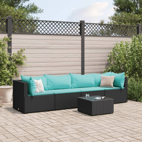 5 pcs conjunto lounge de jardim c/ almofadões vime PE preto D