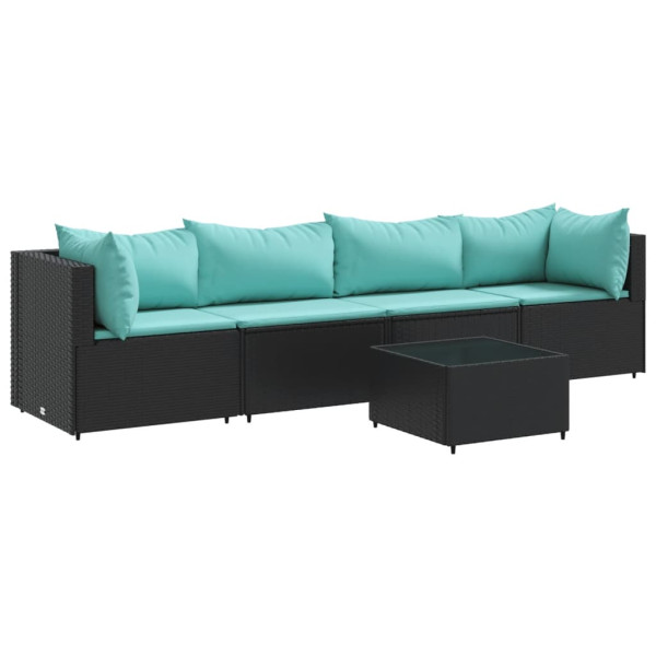 5 pcs conjunto lounge de jardim c/ almofadões vime PE preto M 2