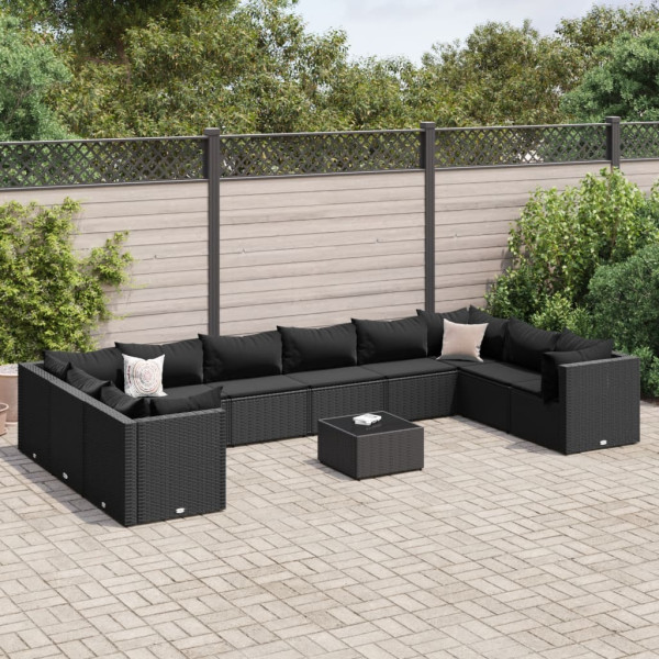 11 pcs conjunto lounge de jardim c/ almofadões vime PE preto D