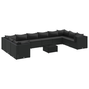 11 pcs conjunto lounge de jardim c/ almofadões vime PE preto H