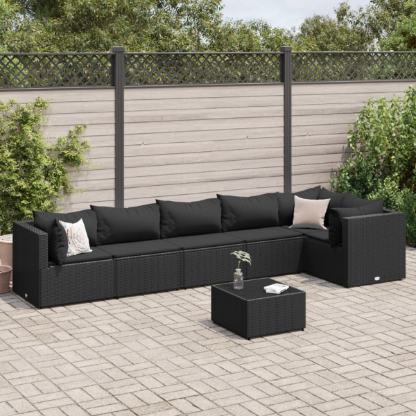 7 pcs conjunto lounge de jardim c/ almofadões vime PE preto D