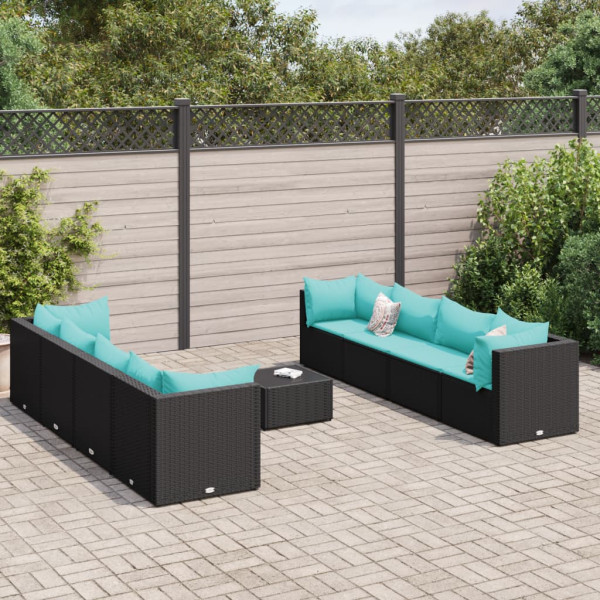 9 pcs conjunto lounge de jardim c/ almofadões vime PE preto D
