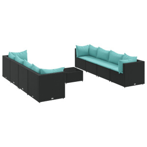 9 pcs conjunto lounge de jardim c/ almofadões vime PE preto H