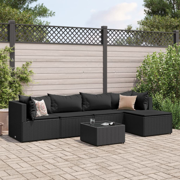 Set muebles de jardín 6 piezas y cojines ratán sintético negro D