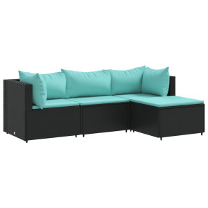 4 pcs conjunto lounge de jardim c/ almofadões vime PE preto H