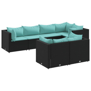 7 pcs conjunto lounge de jardim c/ almofadões vime PE preto H