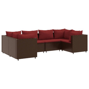 Set muebles de jardín 6 piezas y cojines ratán sintético marrón H