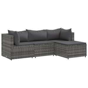 Set de muebles de jardín 4 pzas y cojines ratán sintético gris H