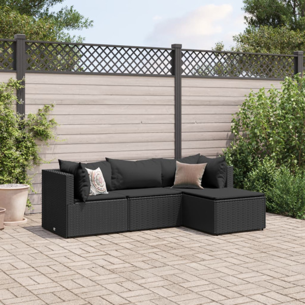 4 pcs conjunto lounge de jardim c/ almofadões vime PE preto D