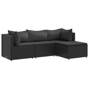 4 pcs conjunto lounge de jardim c/ almofadões vime PE preto H