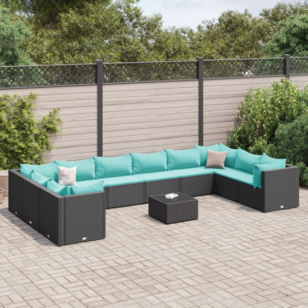 11 pcs conjunto lounge de jardim c/ almofadões vime PE preto D