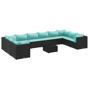 11 pcs conjunto lounge de jardim c/ almofadões vime PE preto H