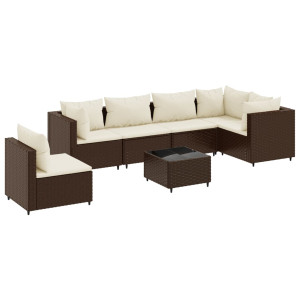 7 pcs conjunto lounge de jardim c/ almofadões vime PE castanho H