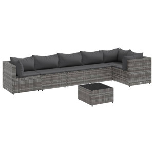 7 pcs conjunto lounge de jardim c/ almofadões vime PE cinzento H