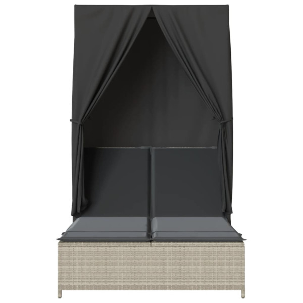 Tumbona doble con techo y cortinas ratán sintético gris claro M 4